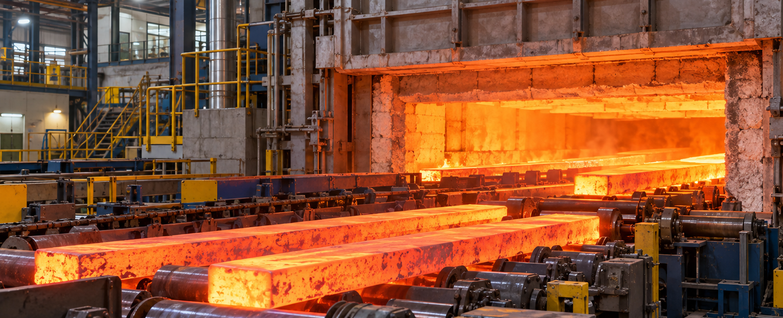 Hot steel billets exiting a reheating furnace in a rolling mill