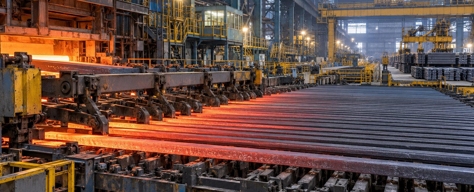 Hot rolled steel bars moving across a rolling mill cooling bed