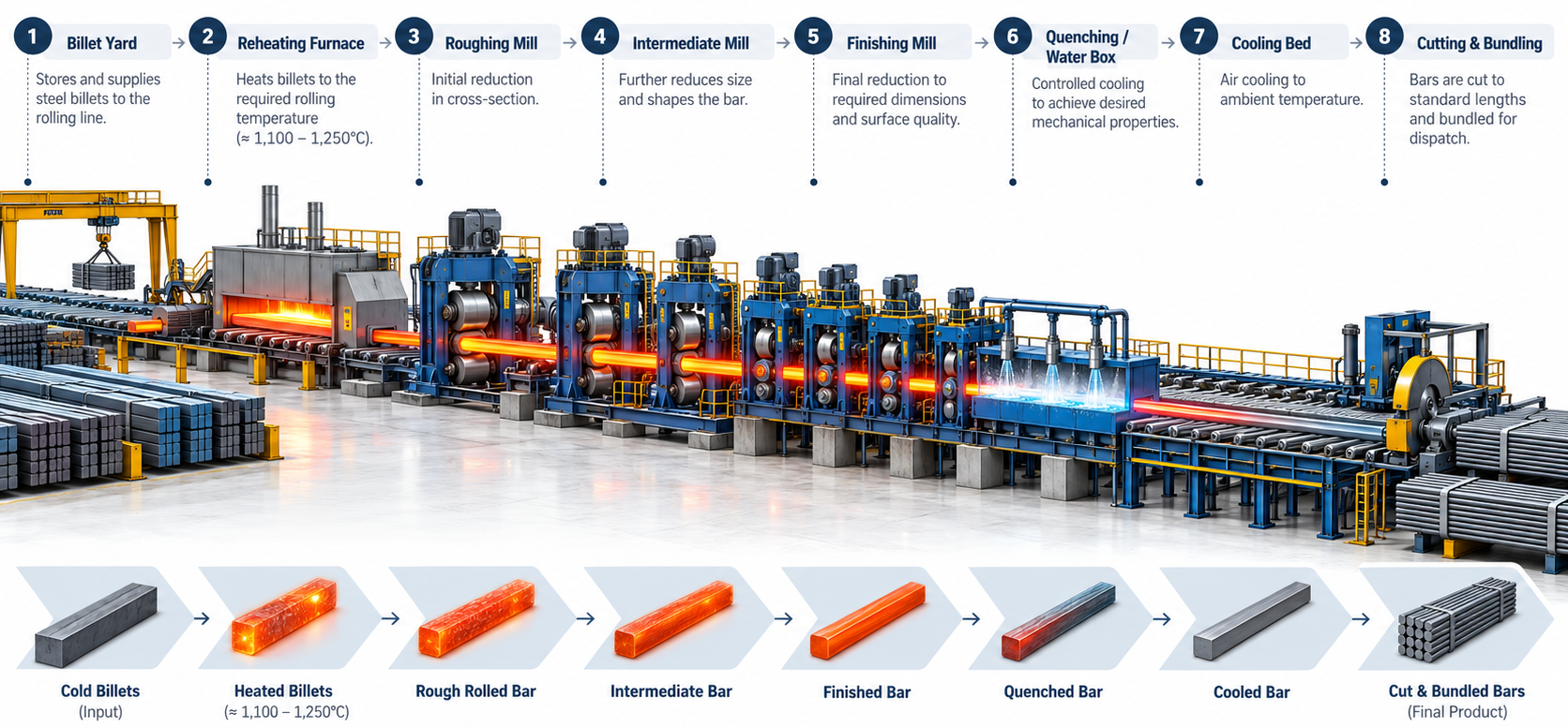 Rolling mill process flow from reheating furnace to cooling bed