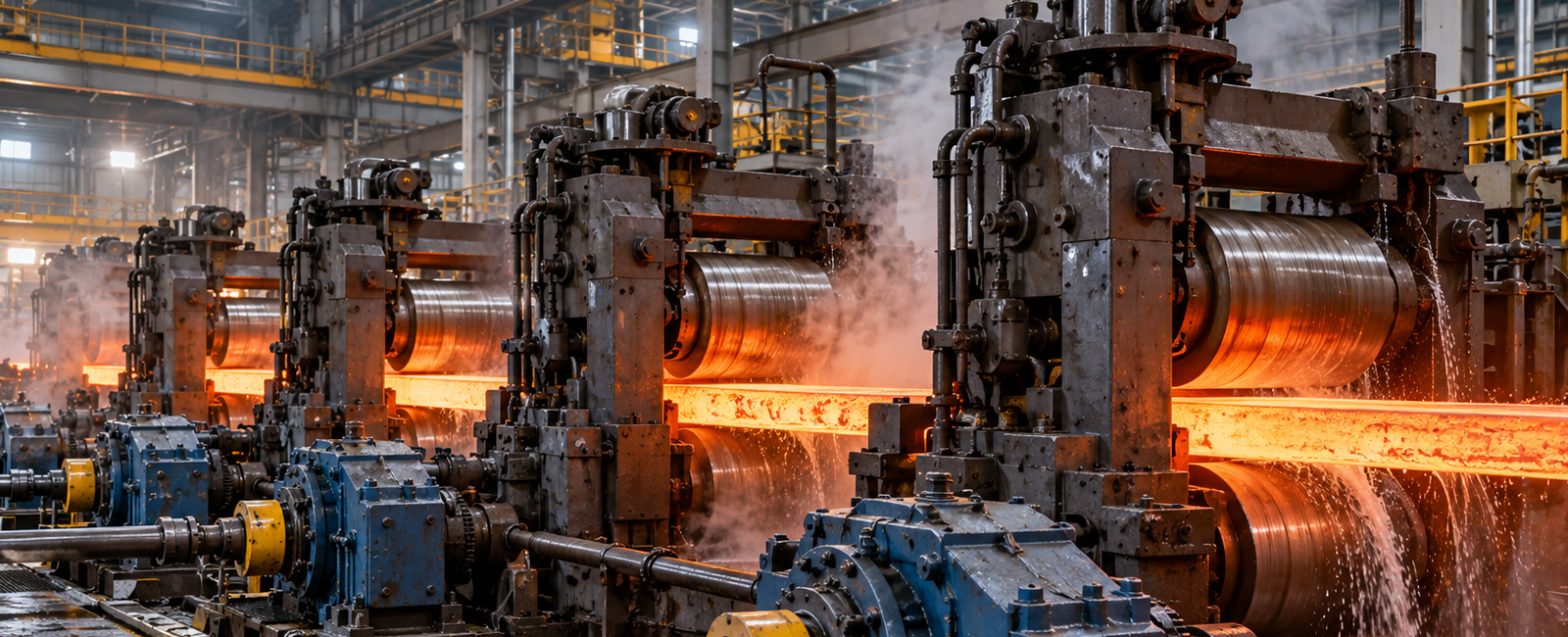 Hot steel passing through rolling mill stands and drive equipment