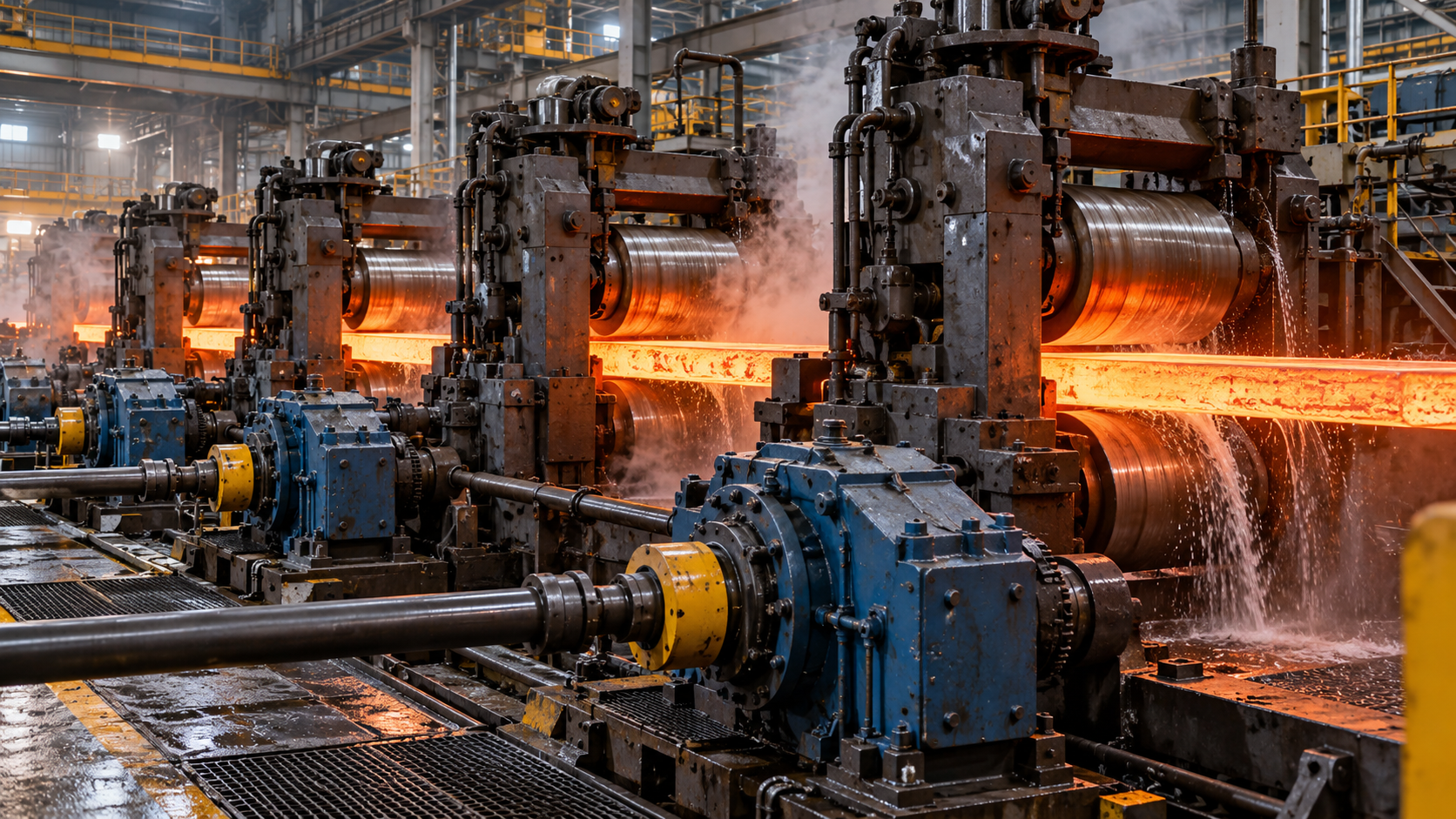 Hot steel passing through rolling mill stands and drive equipment